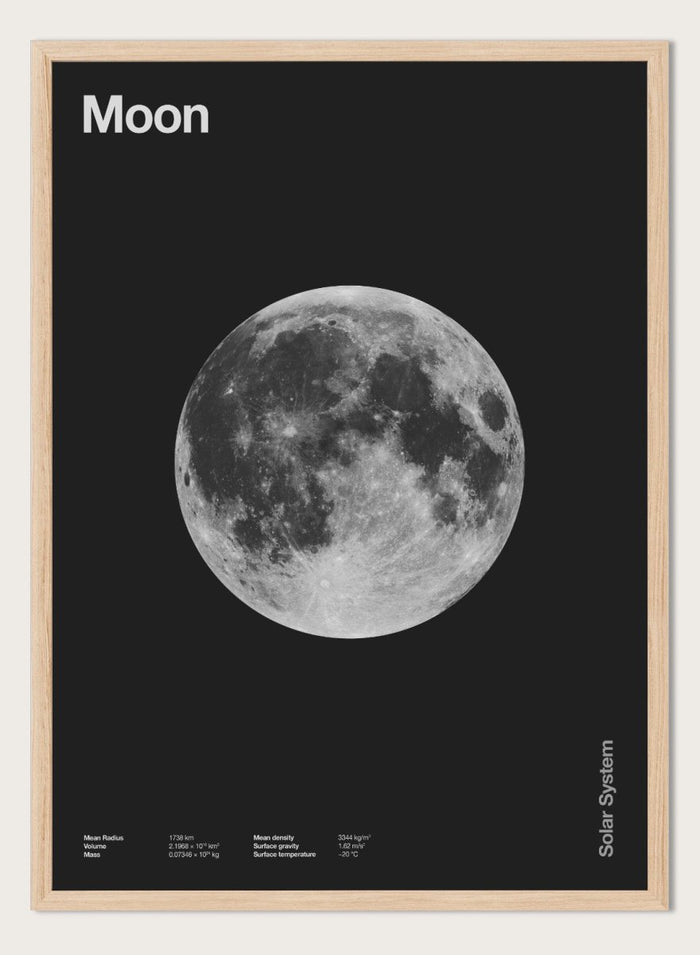 Poster of the moon with 'Moon' text at the top and 'Solar System' text at the bottom. The Full Moon by Florent Bodart is a minimalist space art print with detailed lunar surface, a modern black wall poster inspired by astronomy and science design.