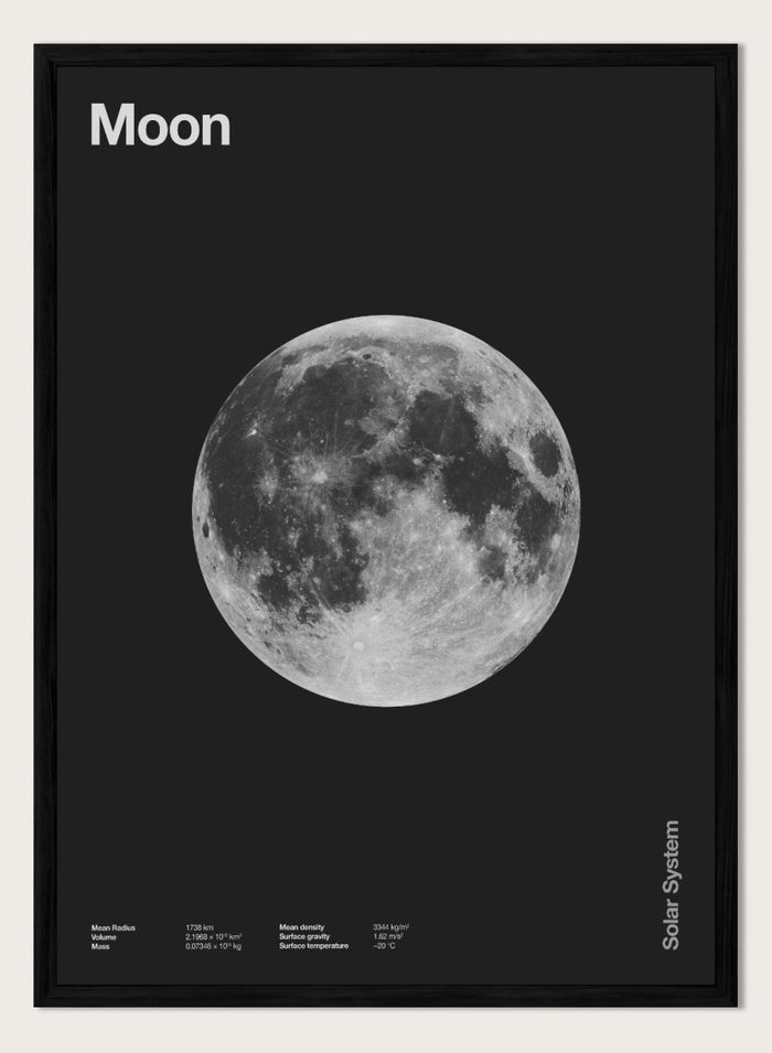 Poster of the moon with 'Moon' text at the top and 'Solar System' text at the bottom. The Full Moon by Florent Bodart is a minimalist space art print with detailed lunar surface, a modern black wall poster inspired by astronomy and science design.
