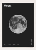Poster of the moon with 'Moon' text at the top and 'Solar System' text at the bottom. The Full Moon by Florent Bodart is a minimalist space art print with detailed lunar surface, a modern black wall poster inspired by astronomy and science design.