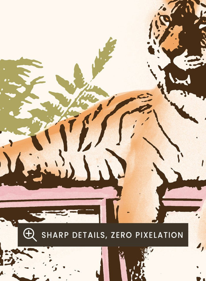 Framed artwork of a tiger in a pink car with greenery on a white background. Tiger On Pink Car by Florent Bodart is a surreal animal art print with a tiger on a vintage car, a modern wall poster with playful, bold, and imaginative design.