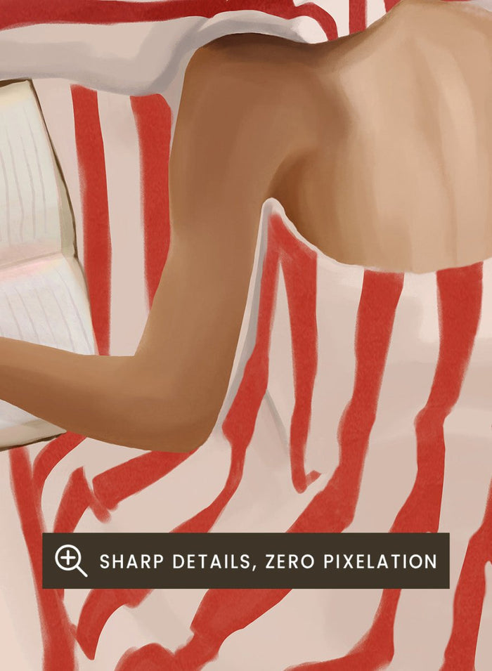 Between the Lines by Flow Line art print shows a woman reading in bed wrapped in red striped bedding. A modern lifestyle wall poster inspired by slow evenings.