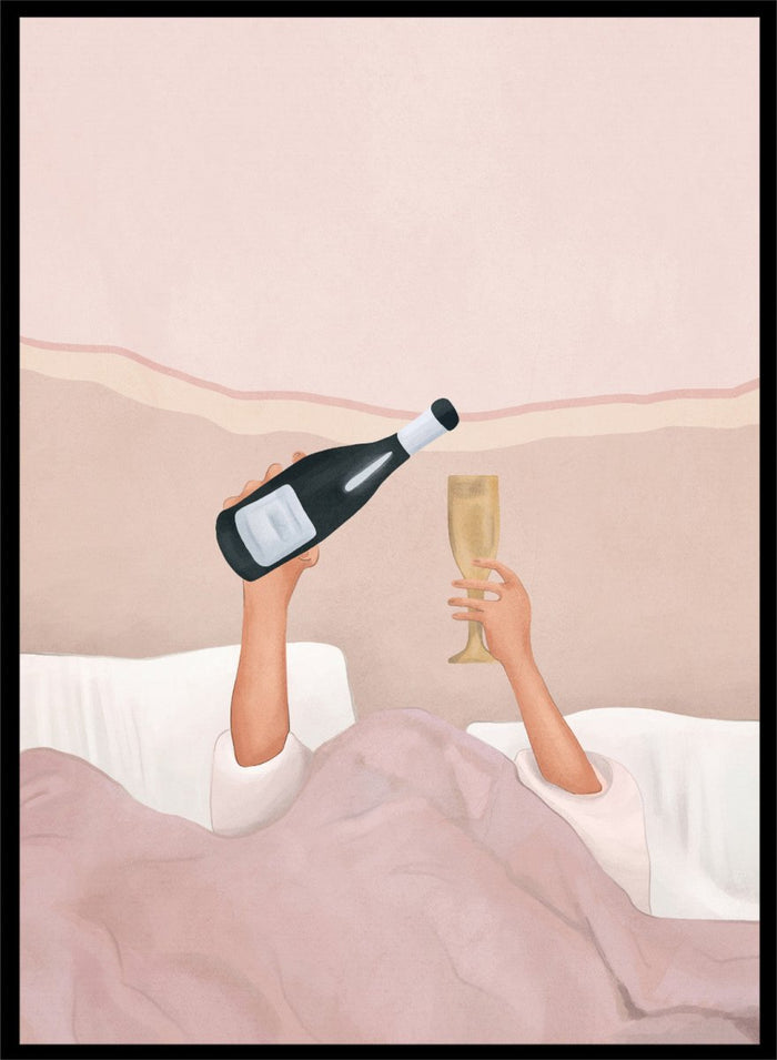 Illustration of a person lying in bed holding a bottle and a glass, with a soft pink background. Champagne In Bed by Flow Line is a playful bedroom art print featuring champagne, pink bedding, and slow mornings, perfect for modern and feminine interiors.