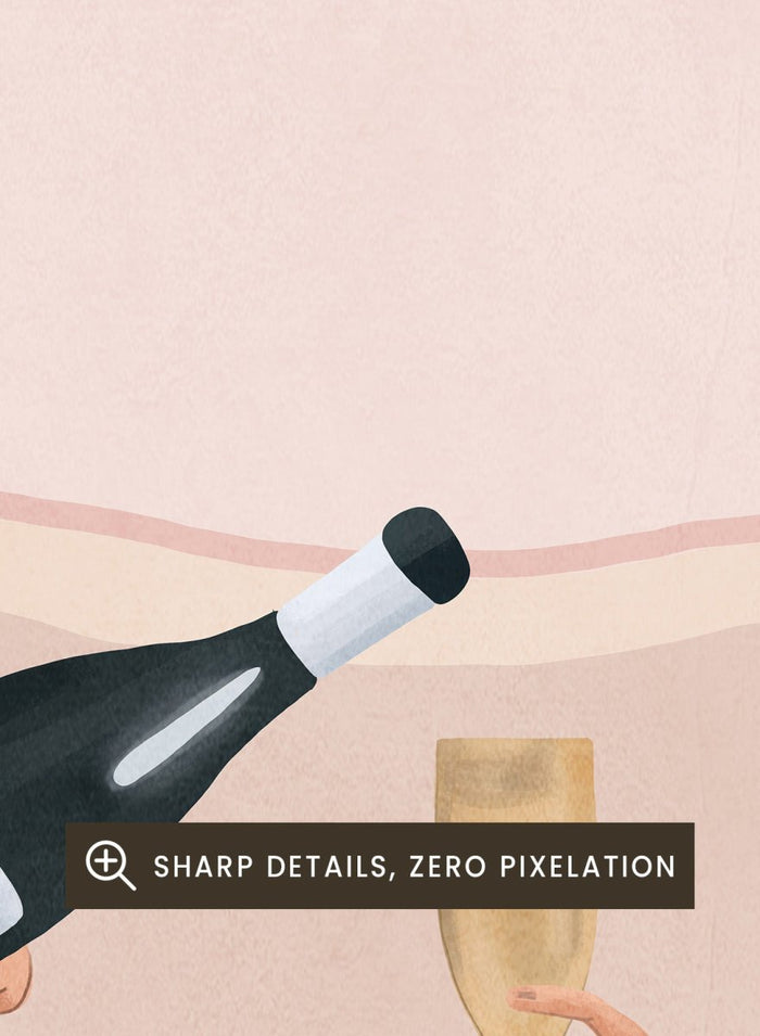 Illustration of a person lying in bed holding a bottle and a glass, with a soft pink background. Champagne In Bed by Flow Line is a playful bedroom art print featuring champagne, pink bedding, and slow mornings, perfect for modern and feminine interiors.