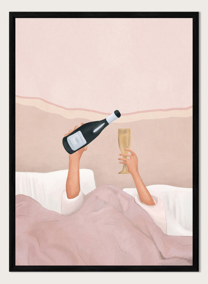 Illustration of a person lying in bed holding a bottle and a glass, with a soft pink background. Champagne In Bed by Flow Line is a playful bedroom art print featuring champagne, pink bedding, and slow mornings, perfect for modern and feminine interiors.