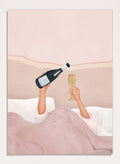 Illustration of a person lying in bed holding a bottle and a glass, with a soft pink background. Champagne In Bed by Flow Line is a playful bedroom art print featuring champagne, pink bedding, and slow mornings, perfect for modern and feminine interiors.