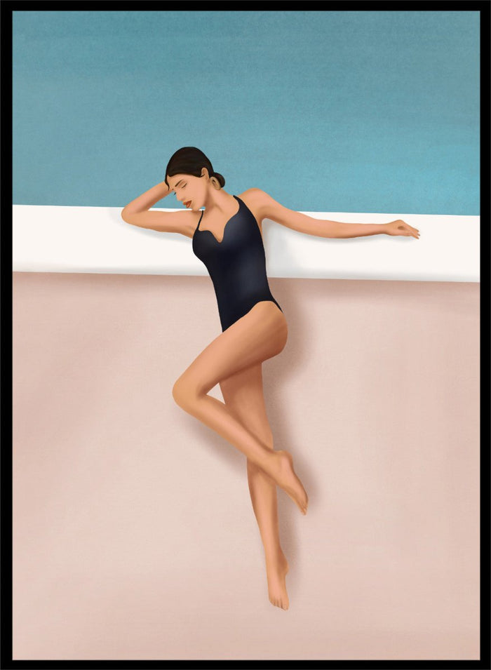 Woman in a black swimsuit lying on a white ledge with a blue background. Chic Poolside Moment by Flow Line features a woman resting beside a pool, bringing modern resort style, coastal wall art, and summer elegance to your home.