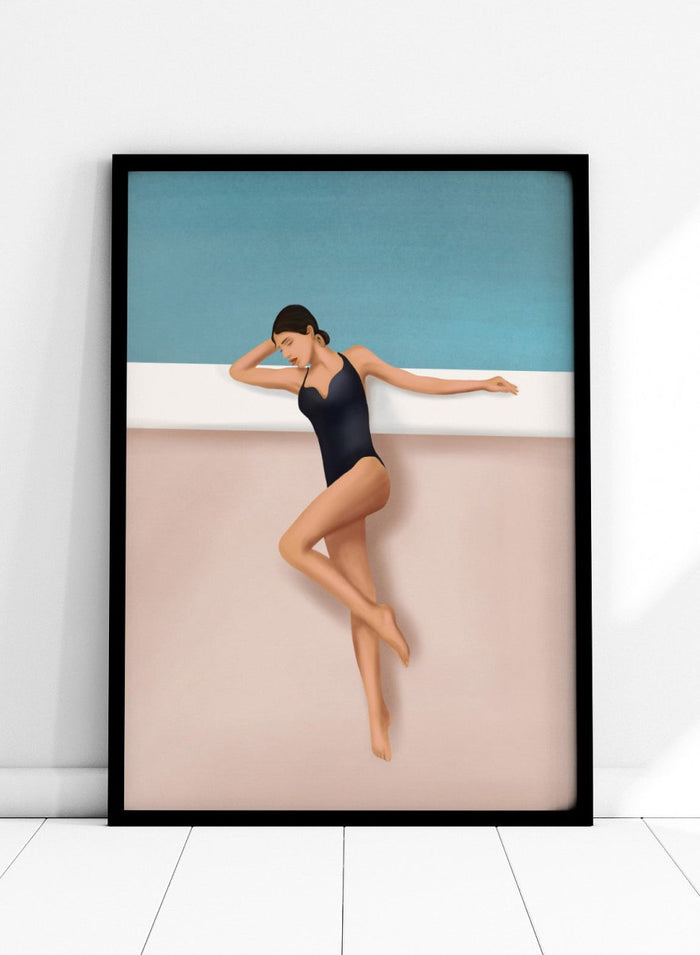 Woman in a black swimsuit lying on a white ledge with a blue background. Chic Poolside Moment by Flow Line features a woman resting beside a pool, bringing modern resort style, coastal wall art, and summer elegance to your home.