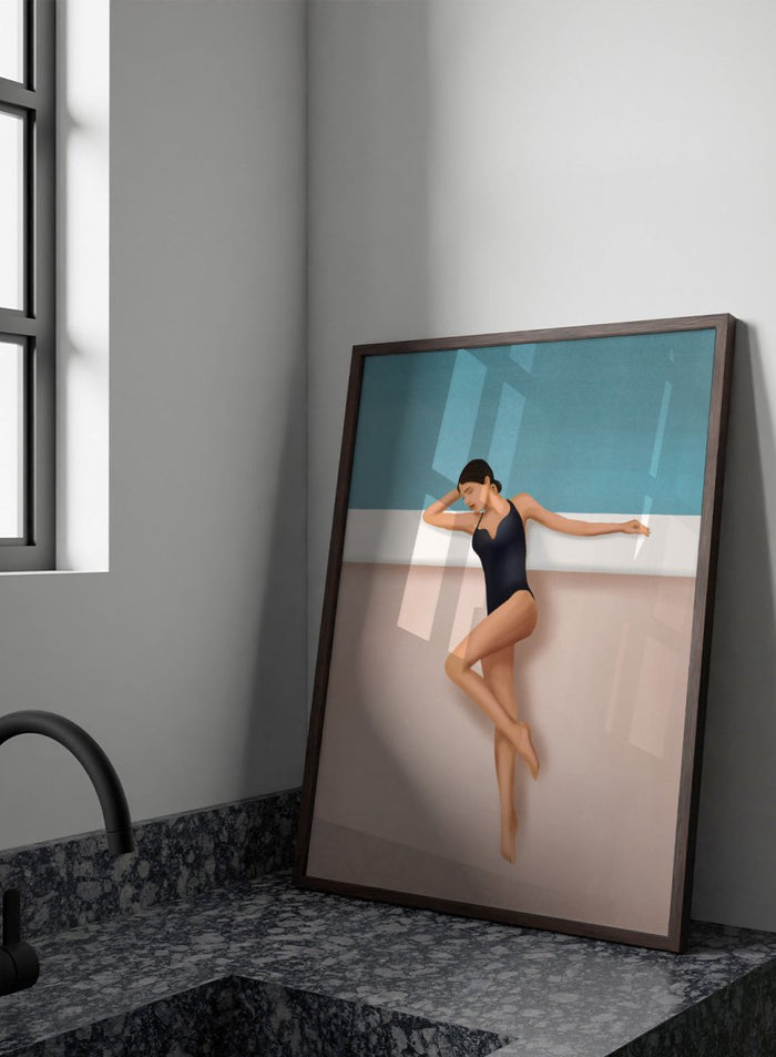 Woman in a black swimsuit lying on a white ledge with a blue background. Chic Poolside Moment by Flow Line features a woman resting beside a pool, bringing modern resort style, coastal wall art, and summer elegance to your home.