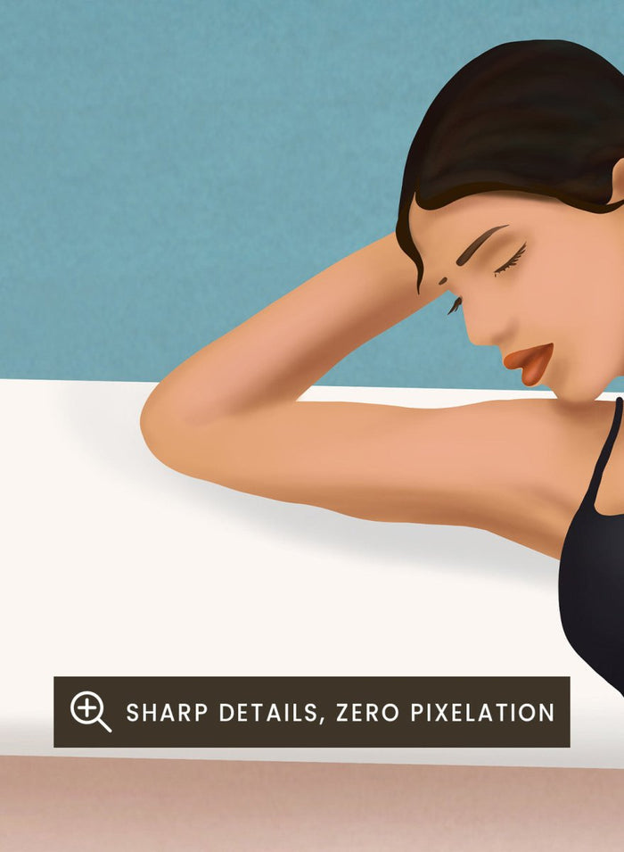 Woman in a black swimsuit lying on a white ledge with a blue background. Chic Poolside Moment by Flow Line features a woman resting beside a pool, bringing modern resort style, coastal wall art, and summer elegance to your home.