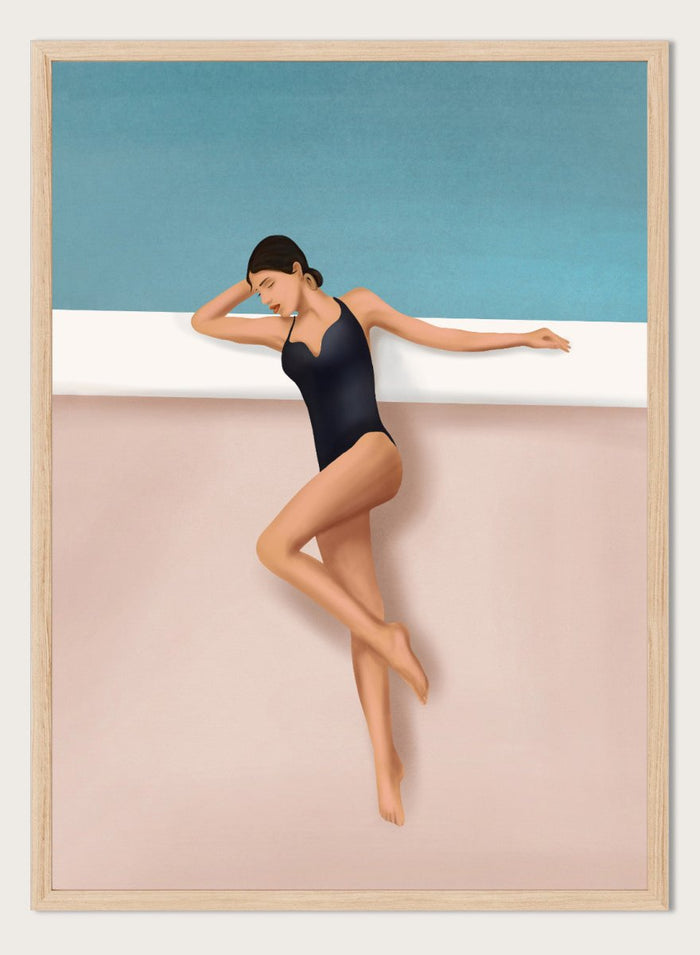 Woman in a black swimsuit lying on a white ledge with a blue background. Chic Poolside Moment by Flow Line features a woman resting beside a pool, bringing modern resort style, coastal wall art, and summer elegance to your home.
