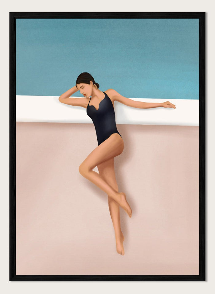 Woman in a black swimsuit lying on a white ledge with a blue background. Chic Poolside Moment by Flow Line features a woman resting beside a pool, bringing modern resort style, coastal wall art, and summer elegance to your home.