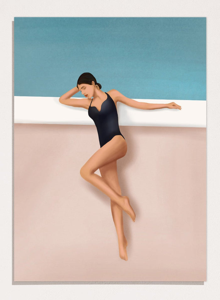 Woman in a black swimsuit lying on a white ledge with a blue background. Chic Poolside Moment by Flow Line features a woman resting beside a pool, bringing modern resort style, coastal wall art, and summer elegance to your home.