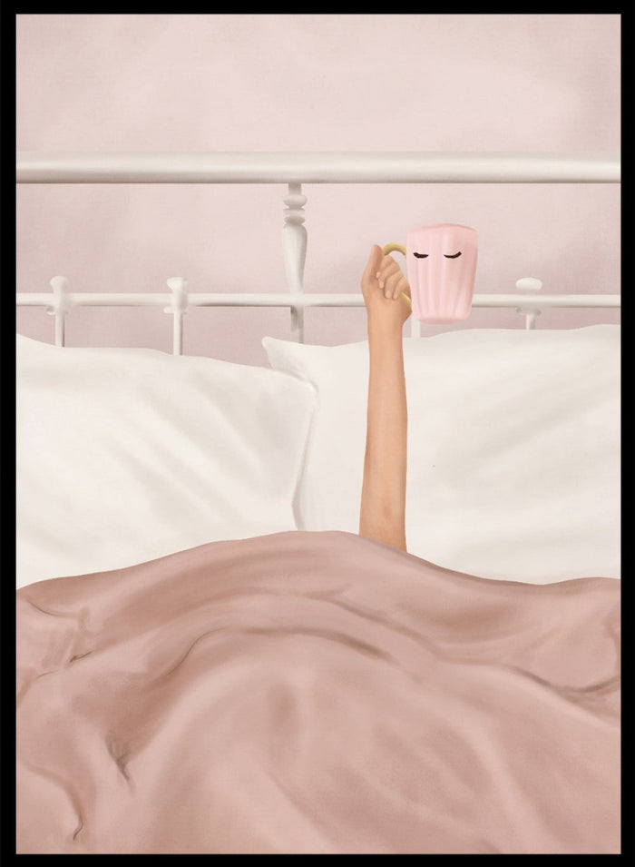 Coffee Cup by Flow Line is a cozy morning art print featuring a woman in bed holding a pink mug. A modern lifestyle wall poster celebrating slow mornings.