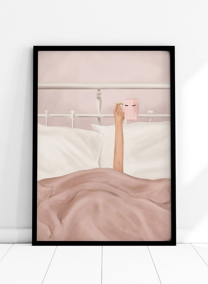Coffee Cup by Flow Line is a cozy morning art print featuring a woman in bed holding a pink mug. A modern lifestyle wall poster celebrating slow mornings.