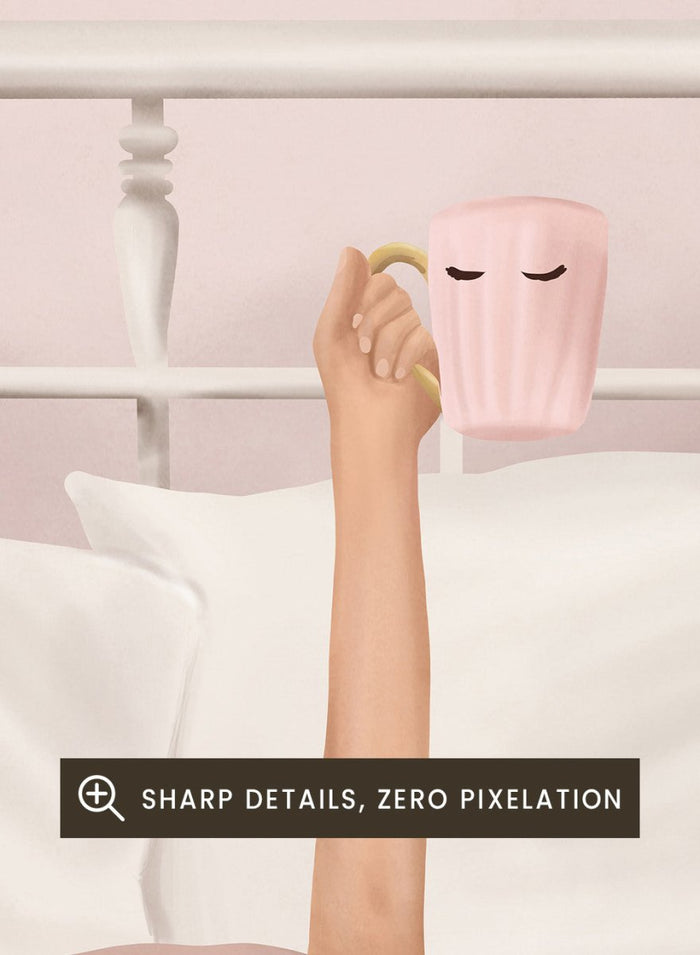 Coffee Cup by Flow Line is a cozy morning art print featuring a woman in bed holding a pink mug. A modern lifestyle wall poster celebrating slow mornings.