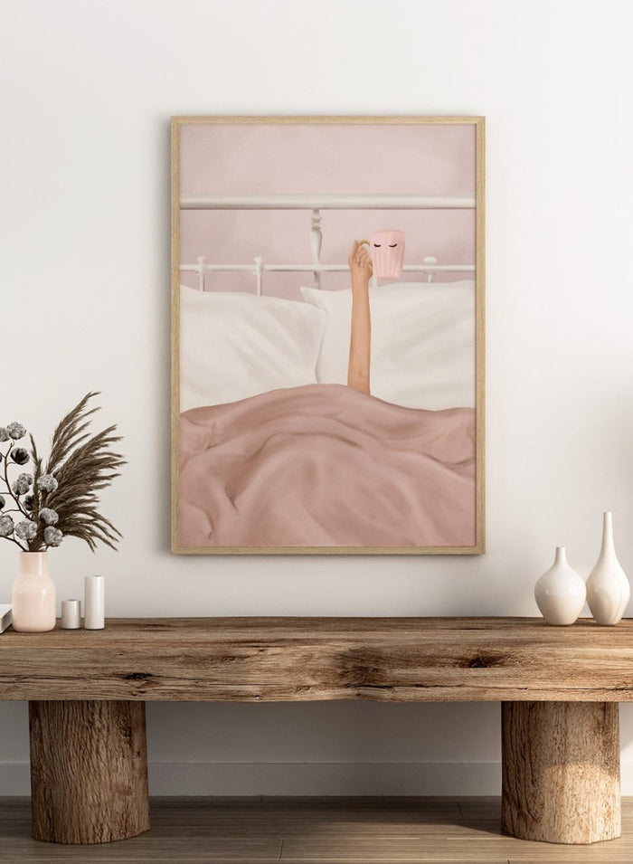 Coffee Cup by Flow Line is a cozy morning art print featuring a woman in bed holding a pink mug. A modern lifestyle wall poster celebrating slow mornings.