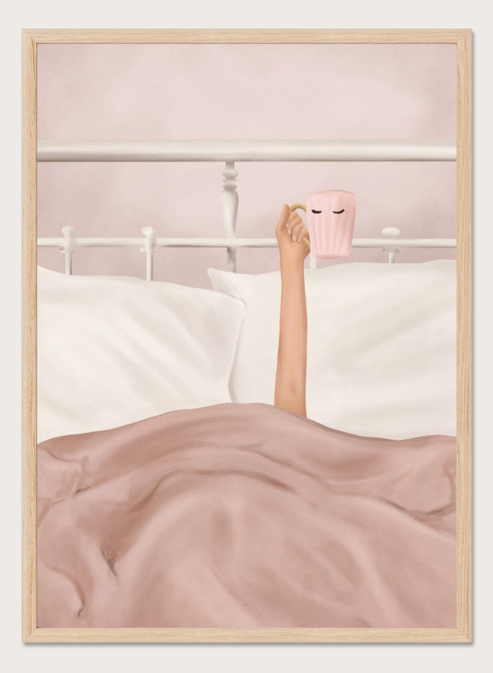 Coffee Cup by Flow Line is a cozy morning art print featuring a woman in bed holding a pink mug. A modern lifestyle wall poster celebrating slow mornings.