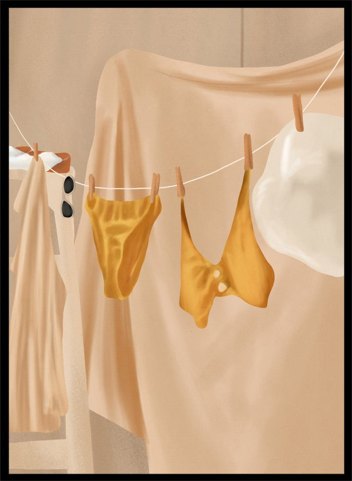Yellow bikini top and bottom hanging on a clothesline against a beige background. Golden Summer Laundry by Flow Line is a summer art print featuring hanging linens, a yellow swimsuit, sun hat, and Mediterranean-inspired coastal decor.