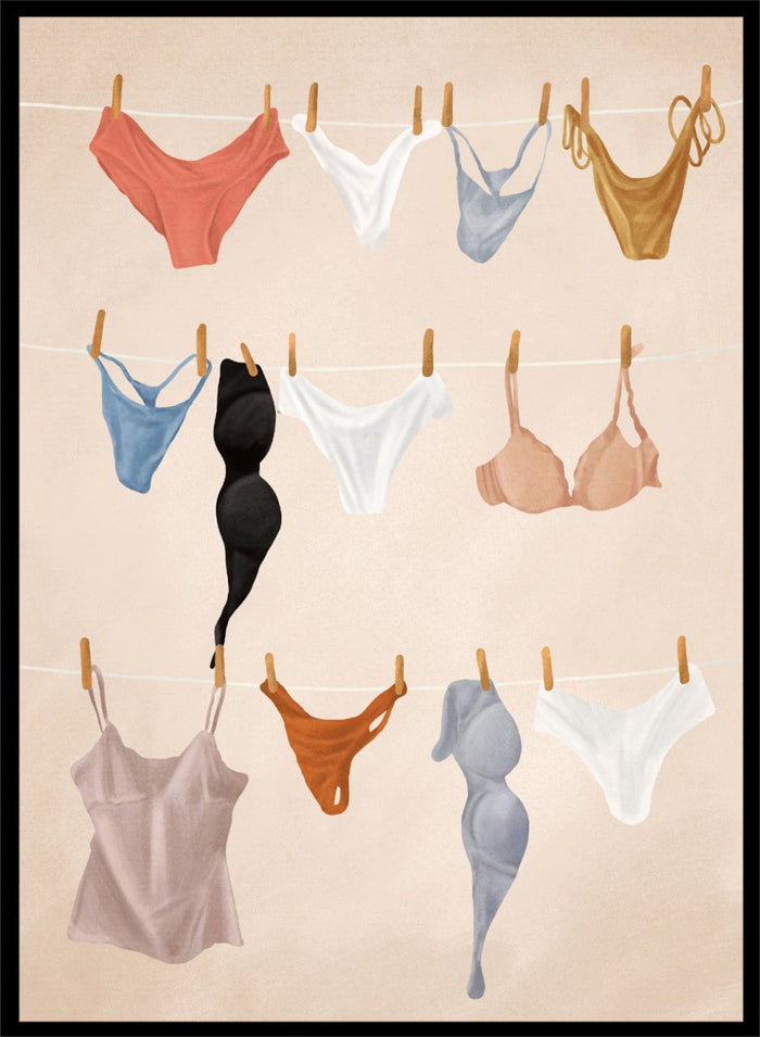 Colorful lingerie hanging on a line against a beige background. Lingerie On The Line by Flow Line is a playful summer art print featuring colorful garments drying in the sun, perfect for bedrooms, dressing rooms, and modern interiors.