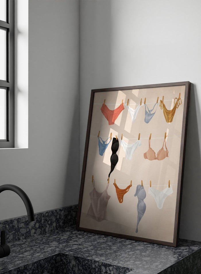 Colorful lingerie hanging on a line against a beige background. Lingerie On The Line by Flow Line is a playful summer art print featuring colorful garments drying in the sun, perfect for bedrooms, dressing rooms, and modern interiors.