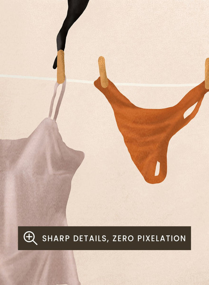 Colorful lingerie hanging on a line against a beige background. Lingerie On The Line by Flow Line is a playful summer art print featuring colorful garments drying in the sun, perfect for bedrooms, dressing rooms, and modern interiors.