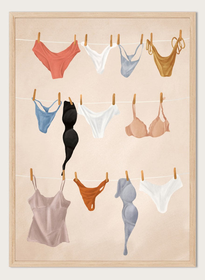 Colorful lingerie hanging on a line against a beige background. Lingerie On The Line by Flow Line is a playful summer art print featuring colorful garments drying in the sun, perfect for bedrooms, dressing rooms, and modern interiors.