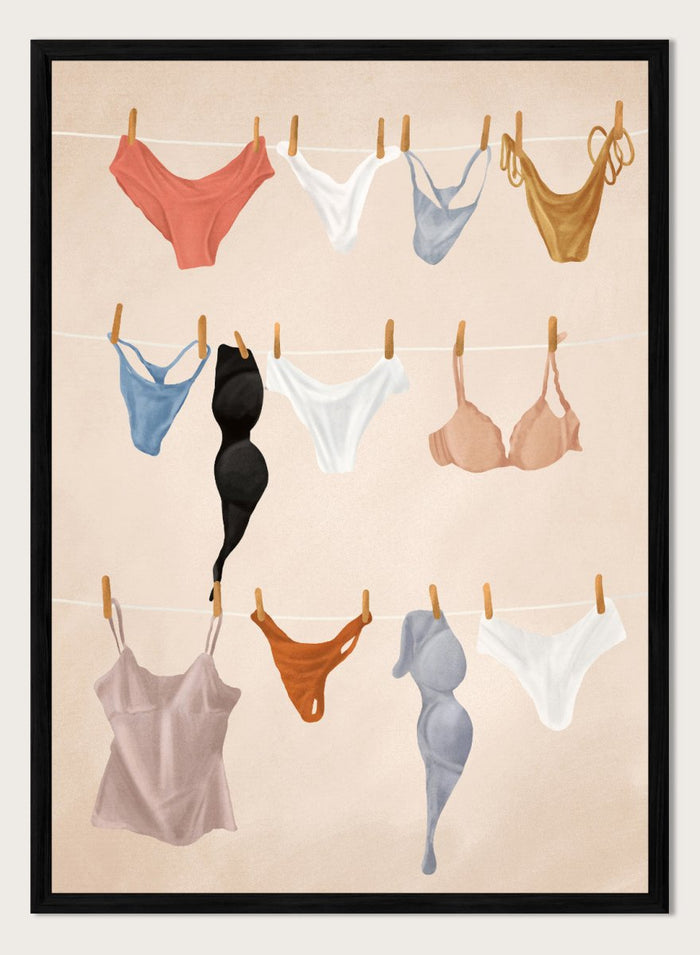 Colorful lingerie hanging on a line against a beige background. Lingerie On The Line by Flow Line is a playful summer art print featuring colorful garments drying in the sun, perfect for bedrooms, dressing rooms, and modern interiors.