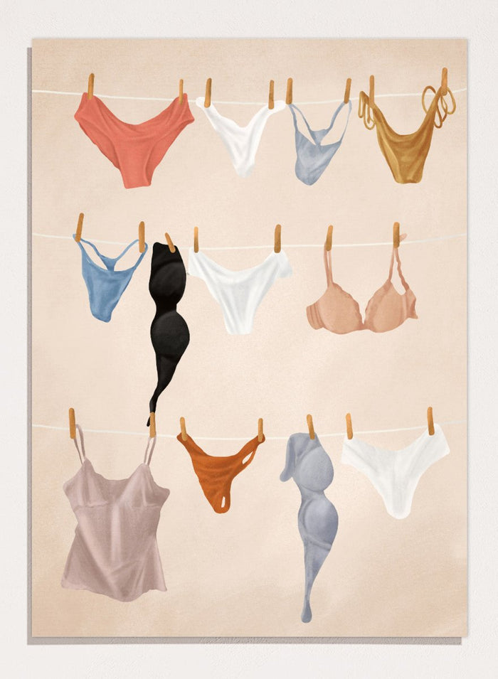 Colorful lingerie hanging on a line against a beige background. Lingerie On The Line by Flow Line is a playful summer art print featuring colorful garments drying in the sun, perfect for bedrooms, dressing rooms, and modern interiors.
