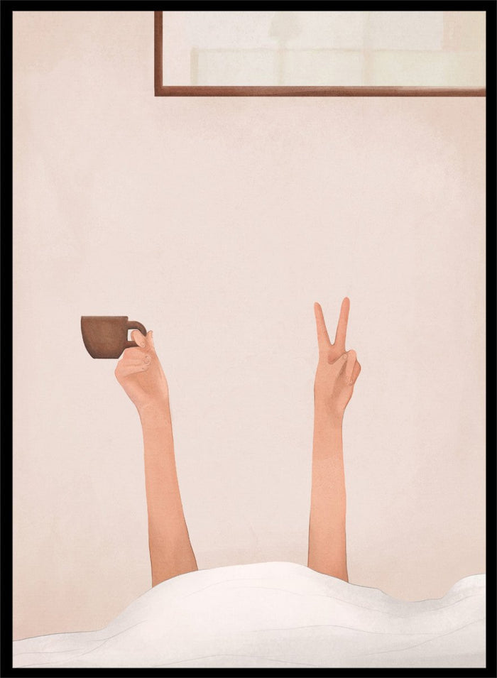 Person holding a cup with one hand and making a peace sign with the other, against a plain wall. Morning Coffee Peace by Flow Line is a playful coffee art print featuring a cozy bed scene, slow mornings, and minimalist bedroom wall art for modern interiors.