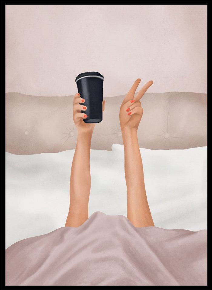 Person holding a black coffee cup above bed with pink sheets. Morning Coffee Peace by Flow Line is a playful coffee art print featuring a cozy bed scene, perfect for bedrooms, coffee lovers, and modern interiors.