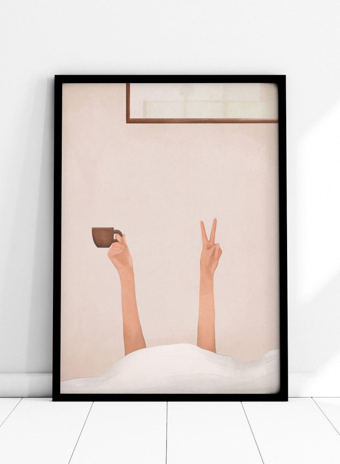 Person holding a cup with one hand and making a peace sign with the other, against a plain wall. Morning Coffee Peace by Flow Line is a playful coffee art print featuring a cozy bed scene, slow mornings, and minimalist bedroom wall art for modern interiors.