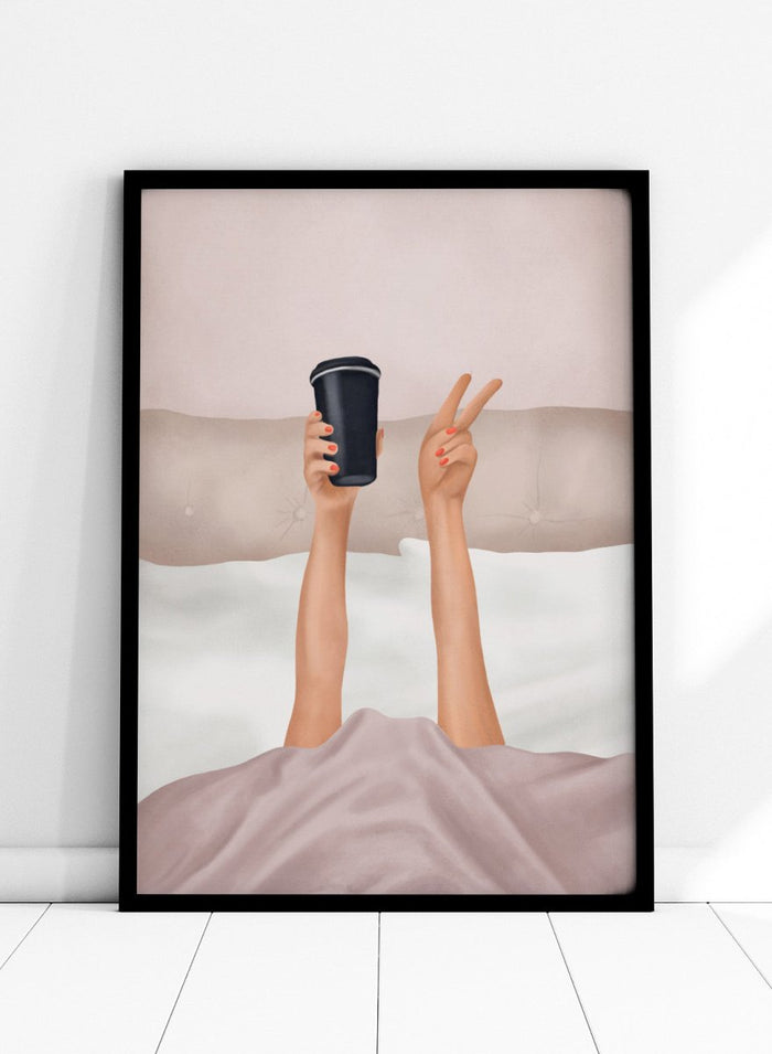 Person holding a black coffee cup above bed with pink sheets. Morning Coffee Peace by Flow Line is a playful coffee art print featuring a cozy bed scene, perfect for bedrooms, coffee lovers, and modern interiors.