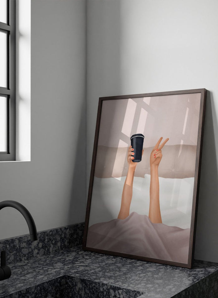 Person holding a black coffee cup above bed with pink sheets. Morning Coffee Peace by Flow Line is a playful coffee art print featuring a cozy bed scene, perfect for bedrooms, coffee lovers, and modern interiors.