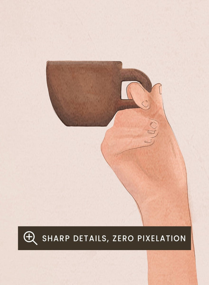 Person holding a cup with one hand and making a peace sign with the other, against a plain wall. Morning Coffee Peace by Flow Line is a playful coffee art print featuring a cozy bed scene, slow mornings, and minimalist bedroom wall art for modern interiors.