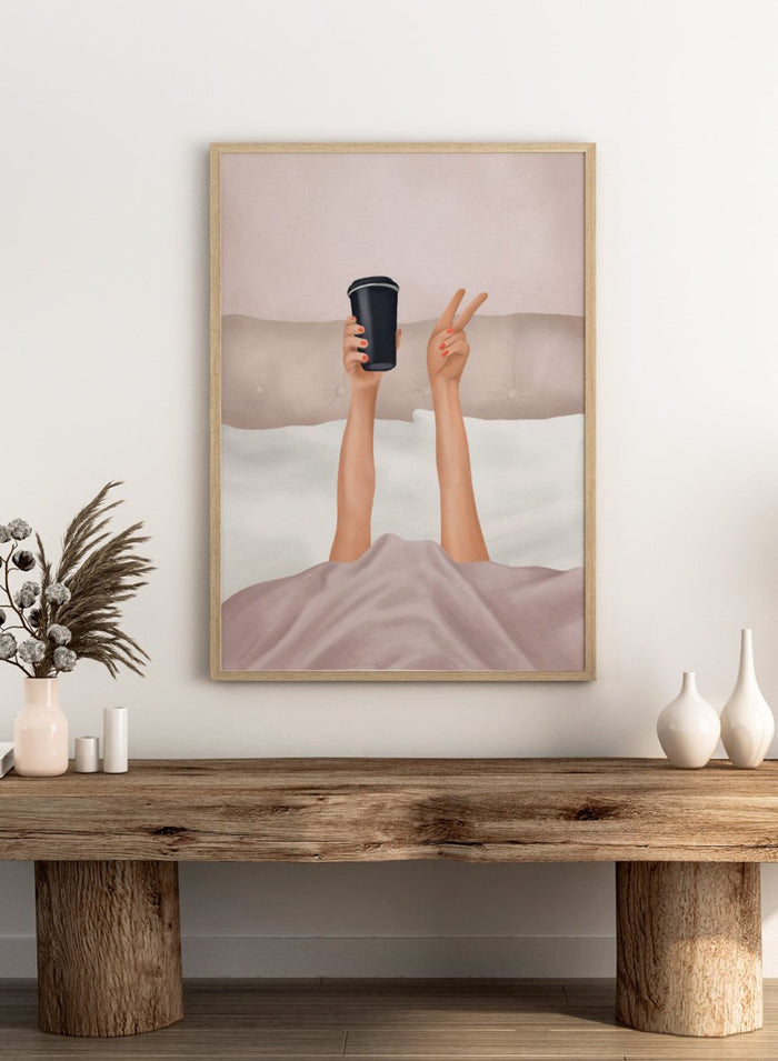 Person holding a black coffee cup above bed with pink sheets. Morning Coffee Peace by Flow Line is a playful coffee art print featuring a cozy bed scene, perfect for bedrooms, coffee lovers, and modern interiors.