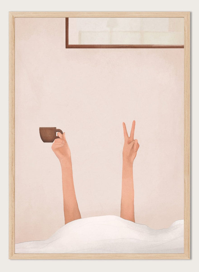 Person holding a cup with one hand and making a peace sign with the other, against a plain wall. Morning Coffee Peace by Flow Line is a playful coffee art print featuring a cozy bed scene, slow mornings, and minimalist bedroom wall art for modern interiors.