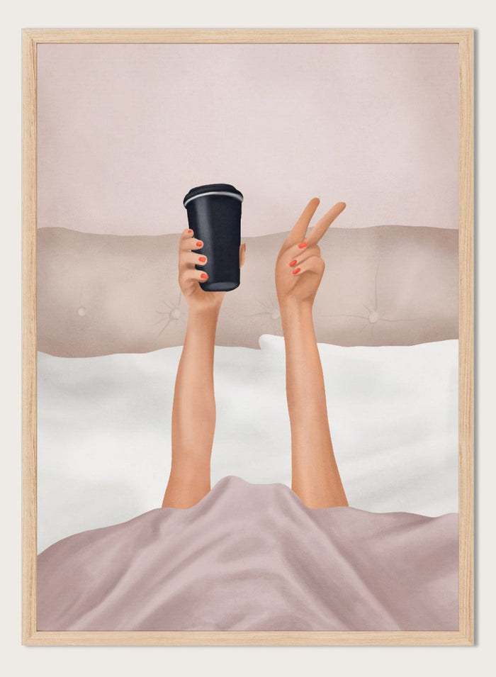 Person holding a black coffee cup above bed with pink sheets. Morning Coffee Peace by Flow Line is a playful coffee art print featuring a cozy bed scene, perfect for bedrooms, coffee lovers, and modern interiors.