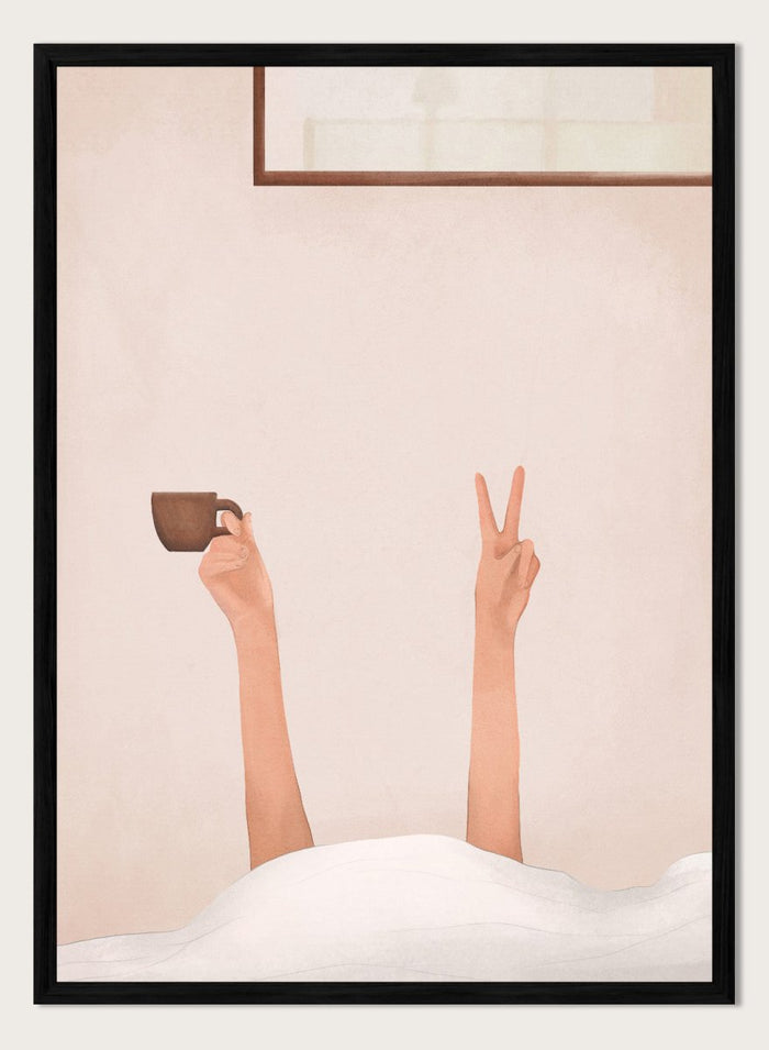 Person holding a cup with one hand and making a peace sign with the other, against a plain wall. Morning Coffee Peace by Flow Line is a playful coffee art print featuring a cozy bed scene, slow mornings, and minimalist bedroom wall art for modern interiors.