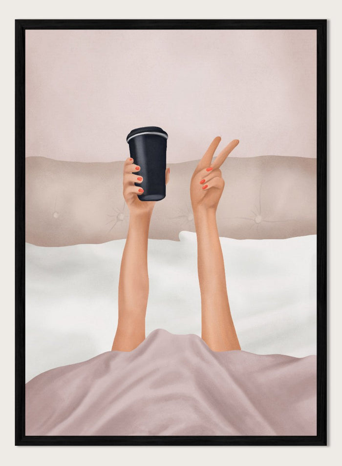 Person holding a black coffee cup above bed with pink sheets. Morning Coffee Peace by Flow Line is a playful coffee art print featuring a cozy bed scene, perfect for bedrooms, coffee lovers, and modern interiors.