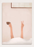 Person holding a cup with one hand and making a peace sign with the other, against a plain wall. Morning Coffee Peace by Flow Line is a playful coffee art print featuring a cozy bed scene, slow mornings, and minimalist bedroom wall art for modern interiors.
