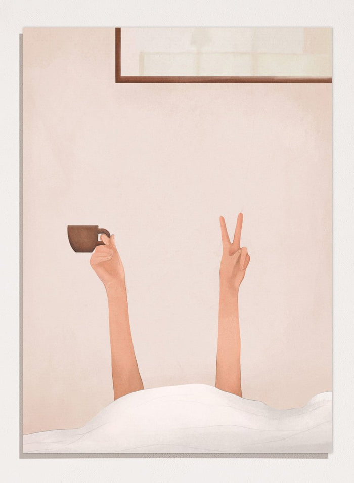 Person holding a cup with one hand and making a peace sign with the other, against a plain wall. Morning Coffee Peace by Flow Line is a playful coffee art print featuring a cozy bed scene, slow mornings, and minimalist bedroom wall art for modern interiors.