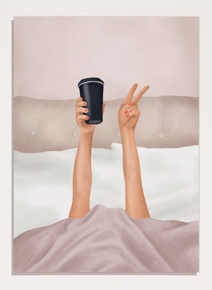 Person holding a black coffee cup above bed with pink sheets. Morning Coffee Peace by Flow Line is a playful coffee art print featuring a cozy bed scene, perfect for bedrooms, coffee lovers, and modern interiors.