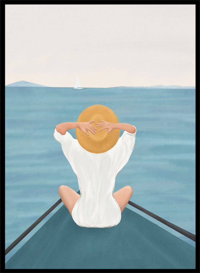 Person sitting on a dock over water wearing a white dress and straw hat. Ocean Escape by Flow Line features a woman sitting on a boat overlooking the sea, creating a coastal art print inspired by travel, summer, and ocean living.