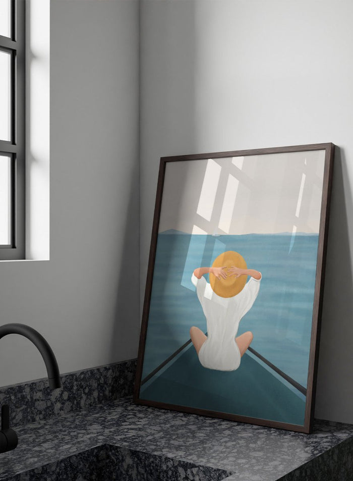 Person sitting on a dock over water wearing a white dress and straw hat. Ocean Escape by Flow Line features a woman sitting on a boat overlooking the sea, creating a coastal art print inspired by travel, summer, and ocean living.