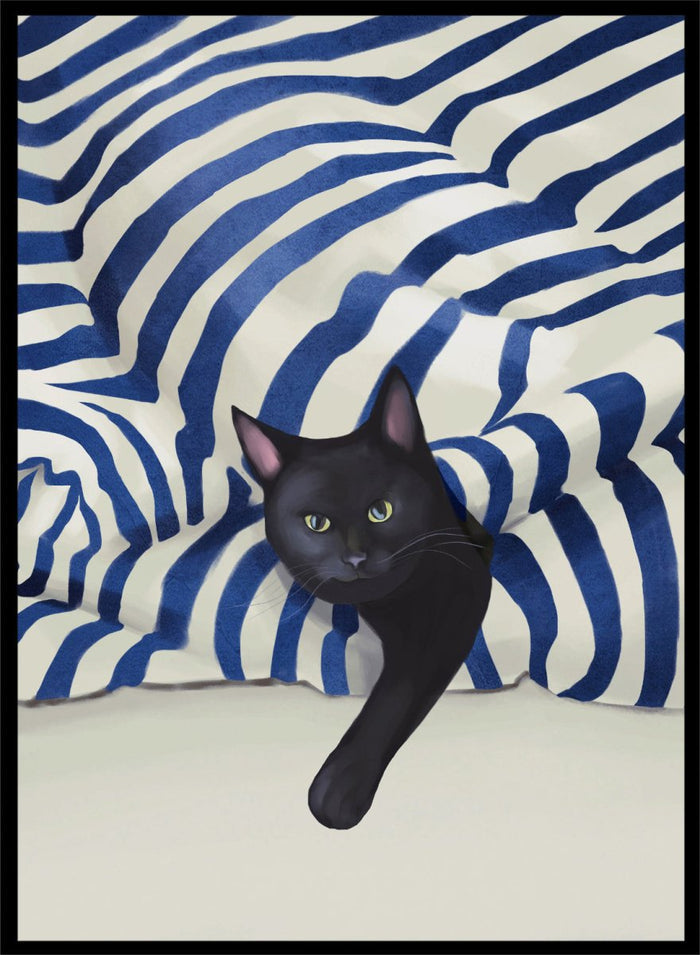 Black cat peeking out from behind a blue and white striped fabric. Peeking Black Cat by Flow Line features a mischievous black cat among striped cushions, adding playful cat art and modern coastal style to your home.