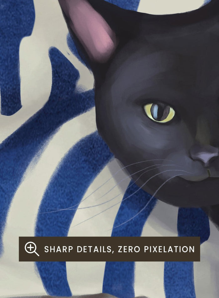 Black cat peeking out from behind a blue and white striped fabric. Peeking Black Cat by Flow Line features a mischievous black cat among striped cushions, adding playful cat art and modern coastal style to your home.