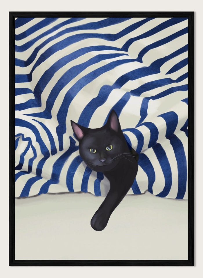 Black cat peeking out from behind a blue and white striped fabric. Peeking Black Cat by Flow Line features a mischievous black cat among striped cushions, adding playful cat art and modern coastal style to your home.