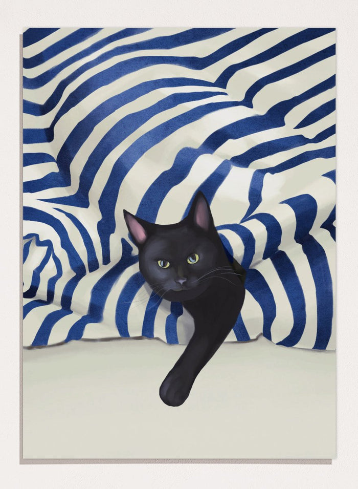 Black cat peeking out from behind a blue and white striped fabric. Peeking Black Cat by Flow Line features a mischievous black cat among striped cushions, adding playful cat art and modern coastal style to your home.