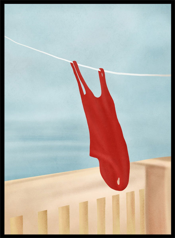 Red swimsuit hanging on a clothesline against a blue sky. Red Swimsuit On Balcony by Flow Line features a red swimsuit drying in the sun, bringing Mediterranean charm and summer vacation style to your walls.