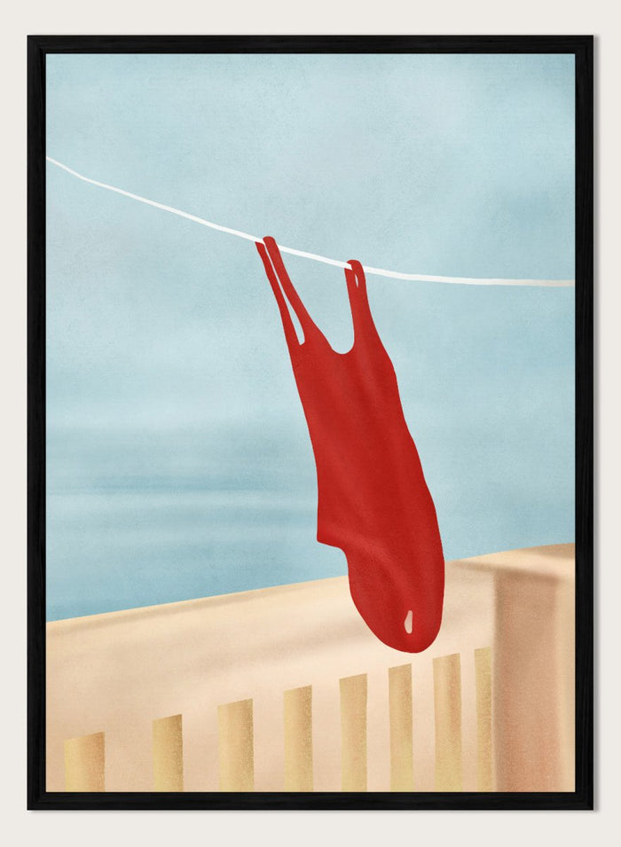 Red swimsuit hanging on a clothesline against a blue sky. Red Swimsuit On Balcony by Flow Line features a red swimsuit drying in the sun, bringing Mediterranean charm and summer vacation style to your walls.